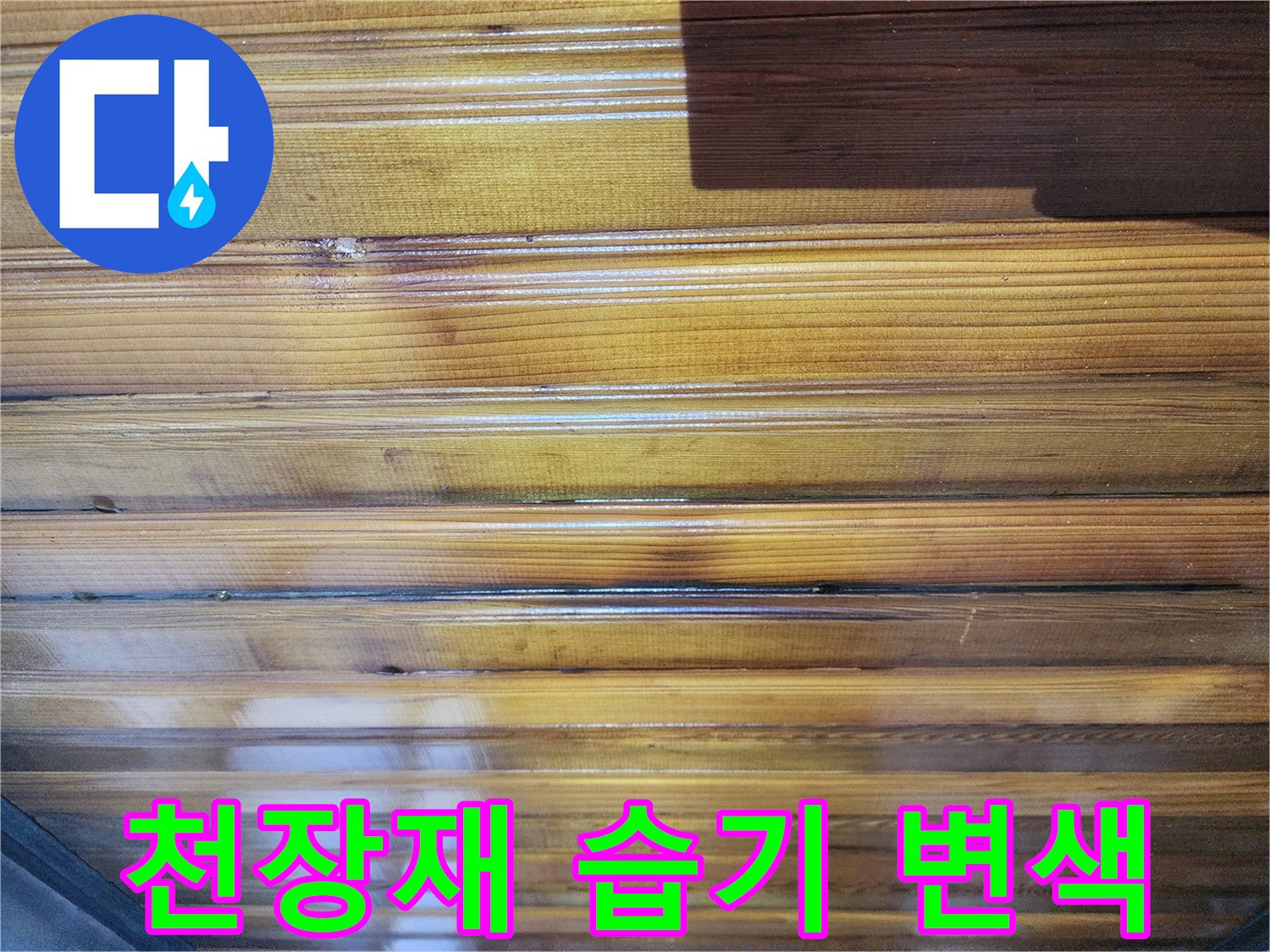 나무 마감재-물기가 스며들어 어둡게 변한 천장 부위