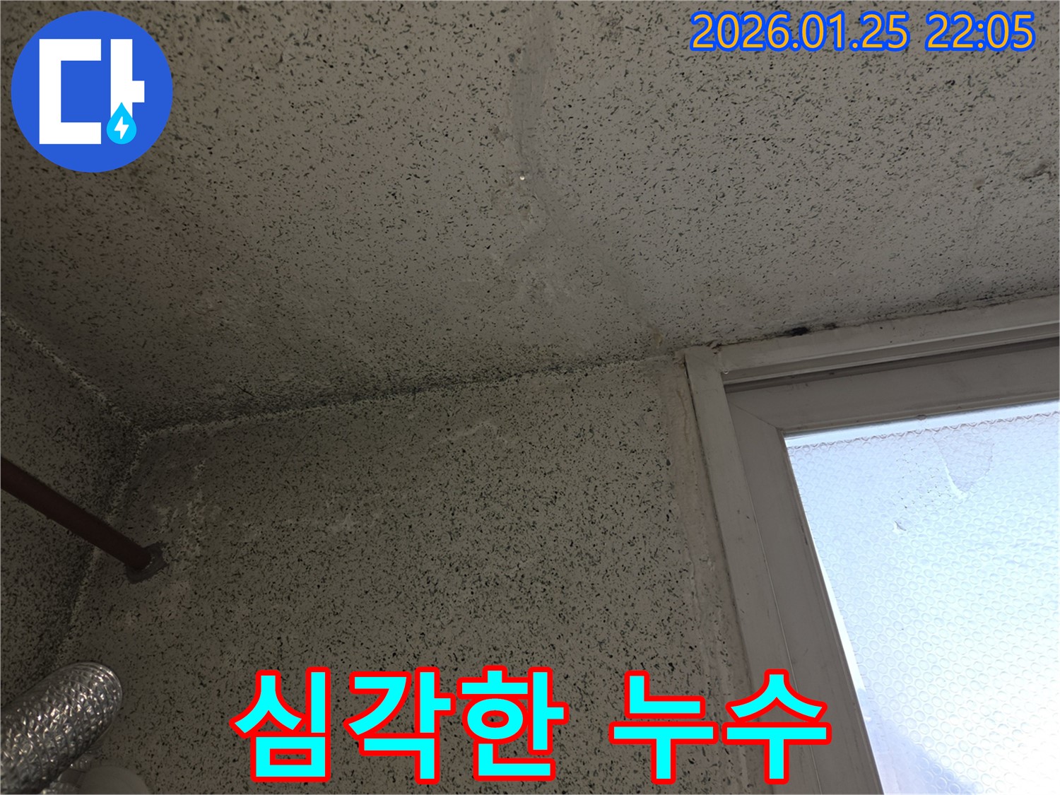심각한 누수 - 천장에서 물이 뚝뚝 떨어지는 심각한 누수 상황을 보여주는 사진, 누수의 위험성을 강조