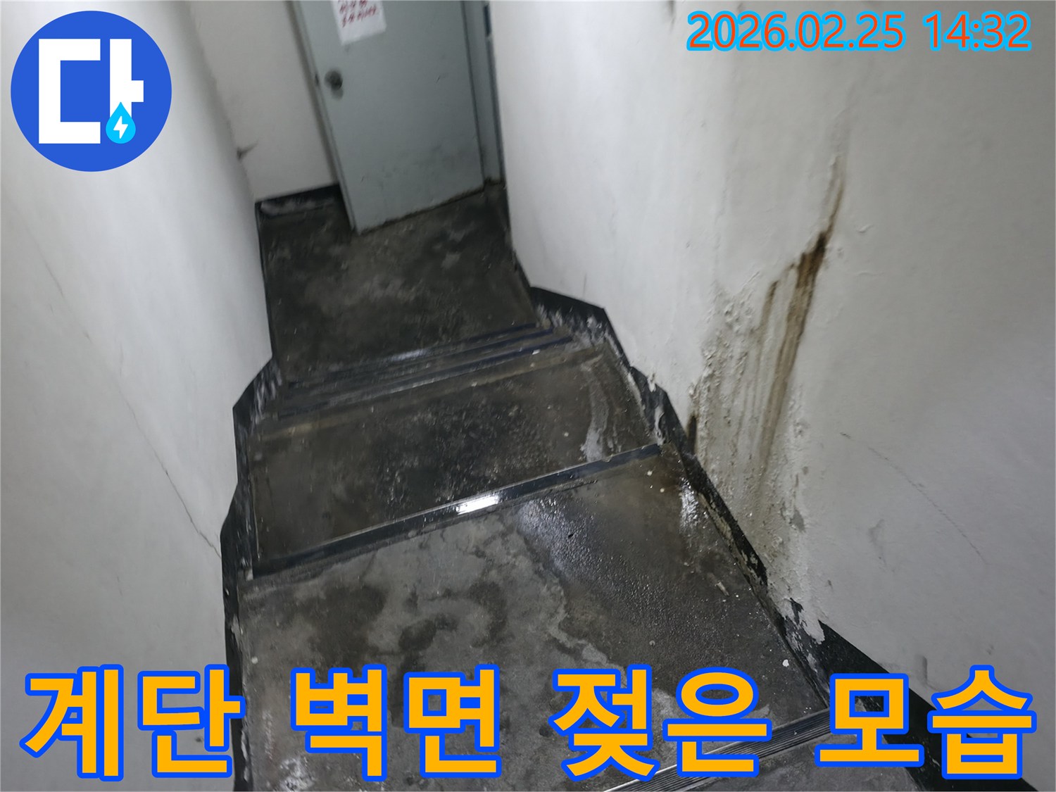 강동구-진황도로-건물-지하-계단-누수-진단-후-촬영된-벽면-물자국과-젖은-계단-사진
