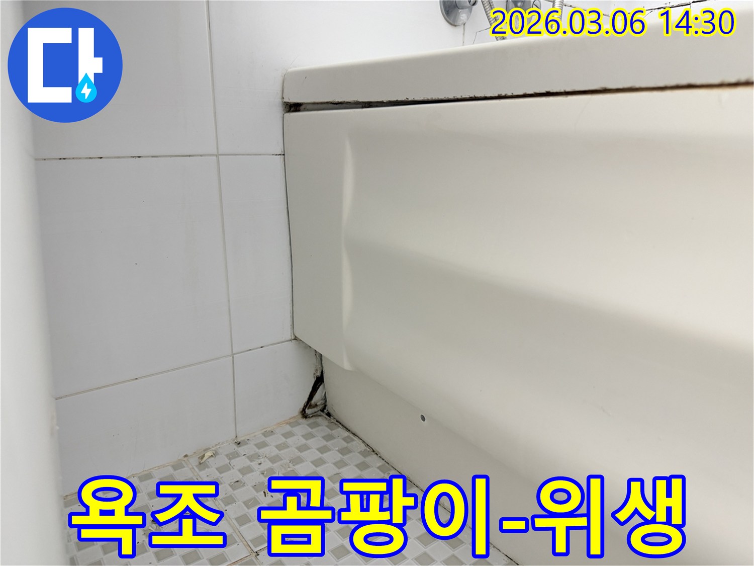 욕조 주변의 심각한 곰팡이-누수로 인한 건강 문제-욕조 패널의 변형-바닥 타일의 오염