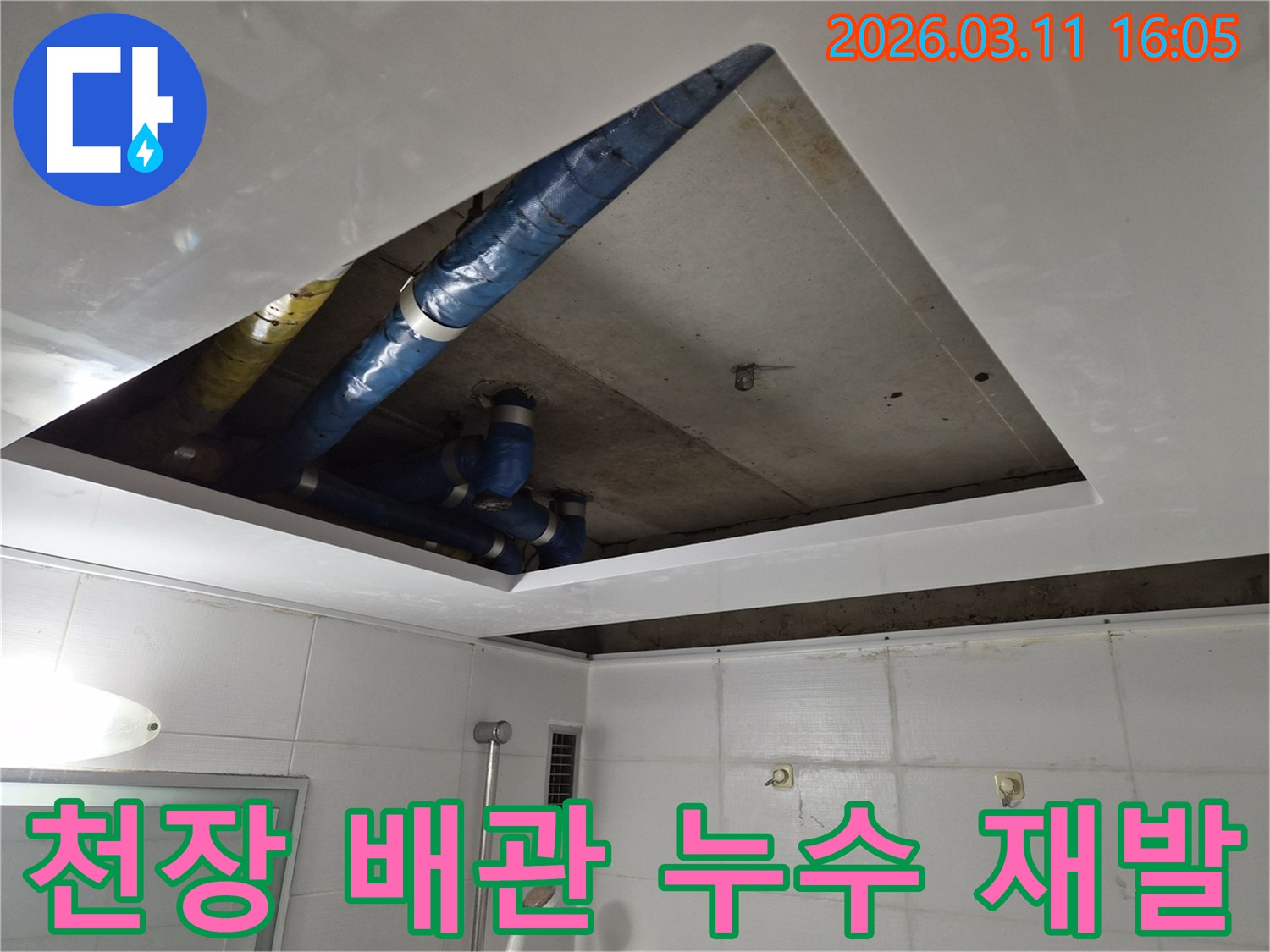 천장-배관-누수-재발-방지-현장-파란색-배관-점검-작업-진행