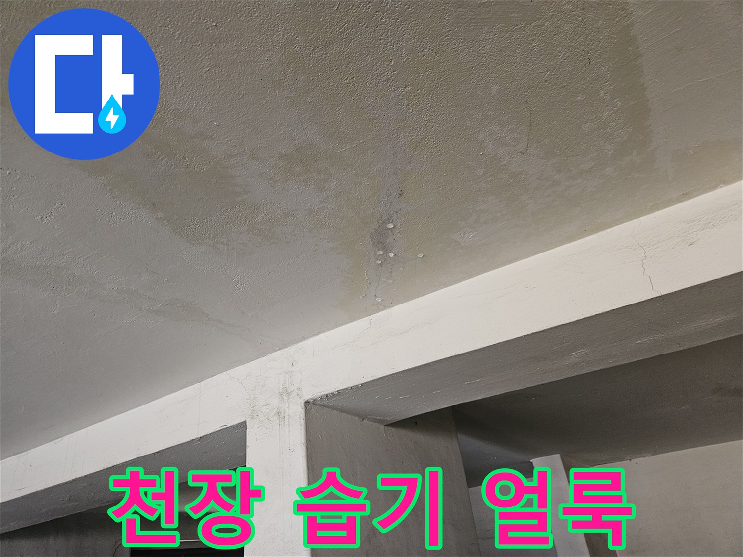 주차장 천장 구조물에 나타난 누수 흔적과 변색