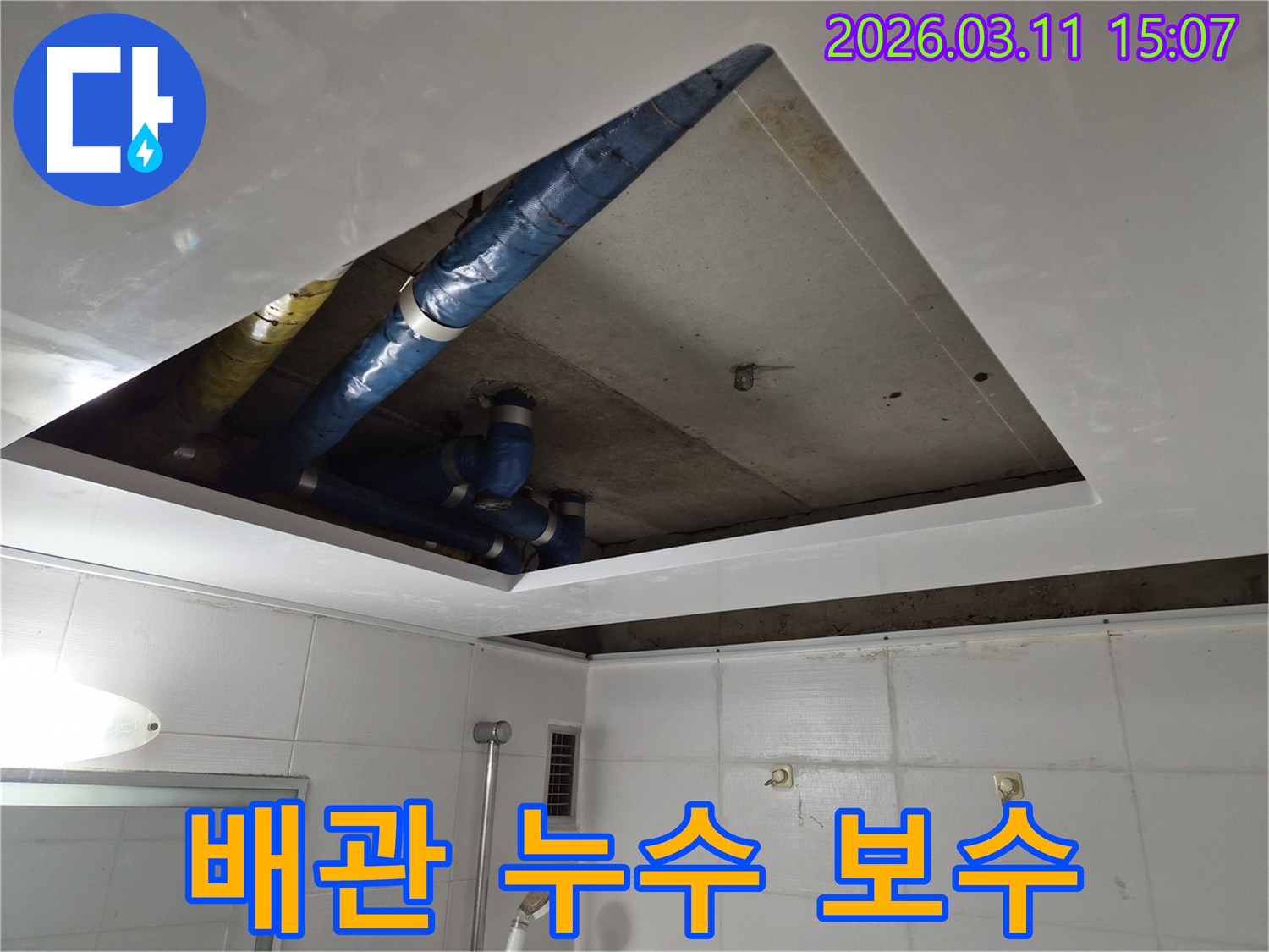 파란색 단열재로 감싸진 배관들 사이에서-누수 지점을 정확히 파악하는-탐지 작업이 진행 중입니다.