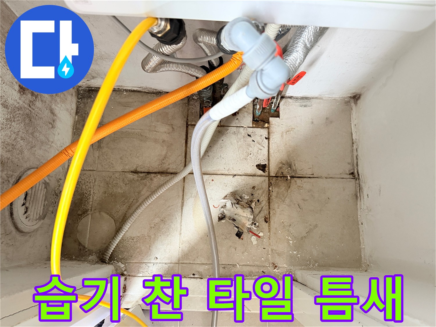 물기가 스며든 보일로실 타일 줄눈과 배관 연결 부위