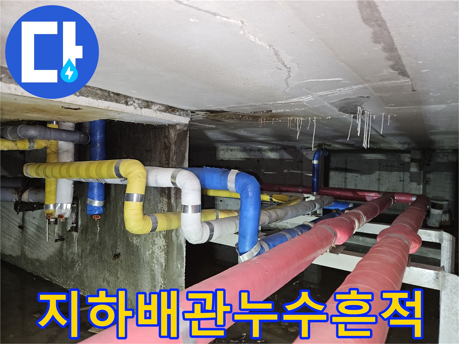 분당 구미동 지하 천장-습기가 있는 배관 보온재 모습