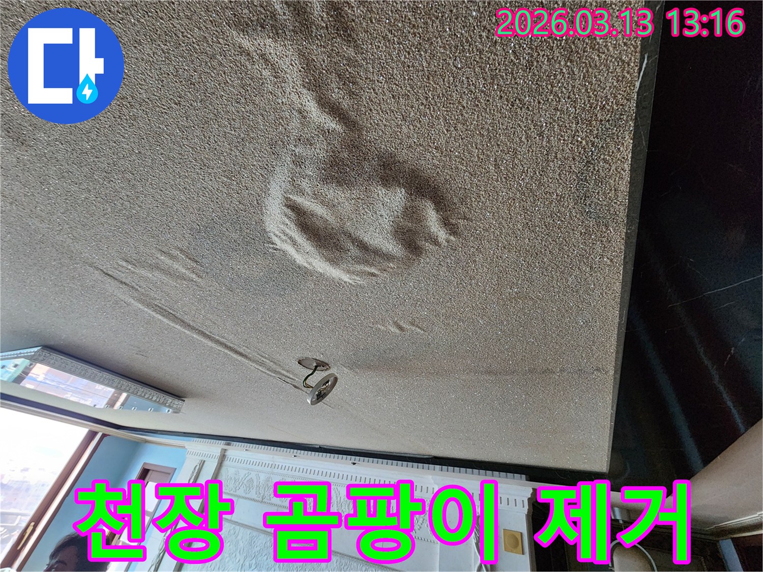 물에 젖어 변색되고 부풀어 오른 천장 마감재로-곰팡이 발생이 심각하게 우려되는 누수 현장