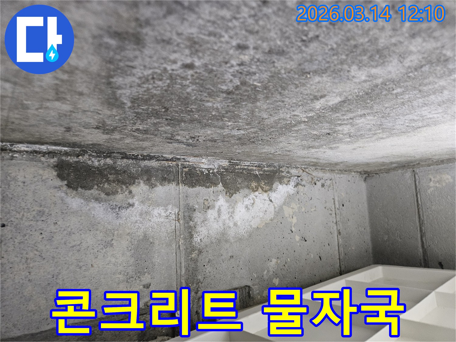 콘크리트-천장과-벽면-경계에서-발생한-수도-누수로-인한-물자국과-오염