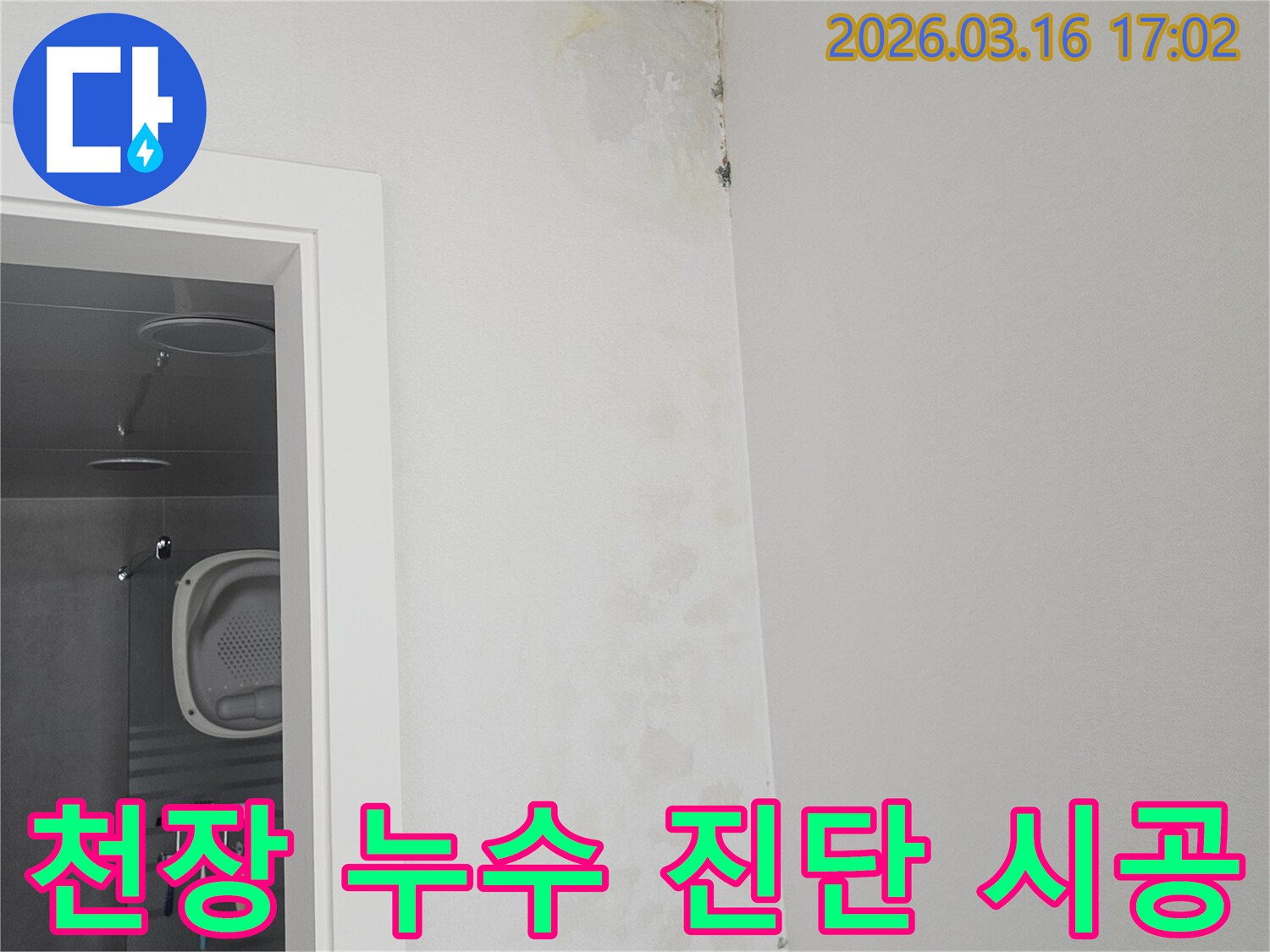 욕실 천장 모서리에 발생한 누수-얼룩과 곰팡이를 통해 전문가가 진단하는 현장 사진입니다