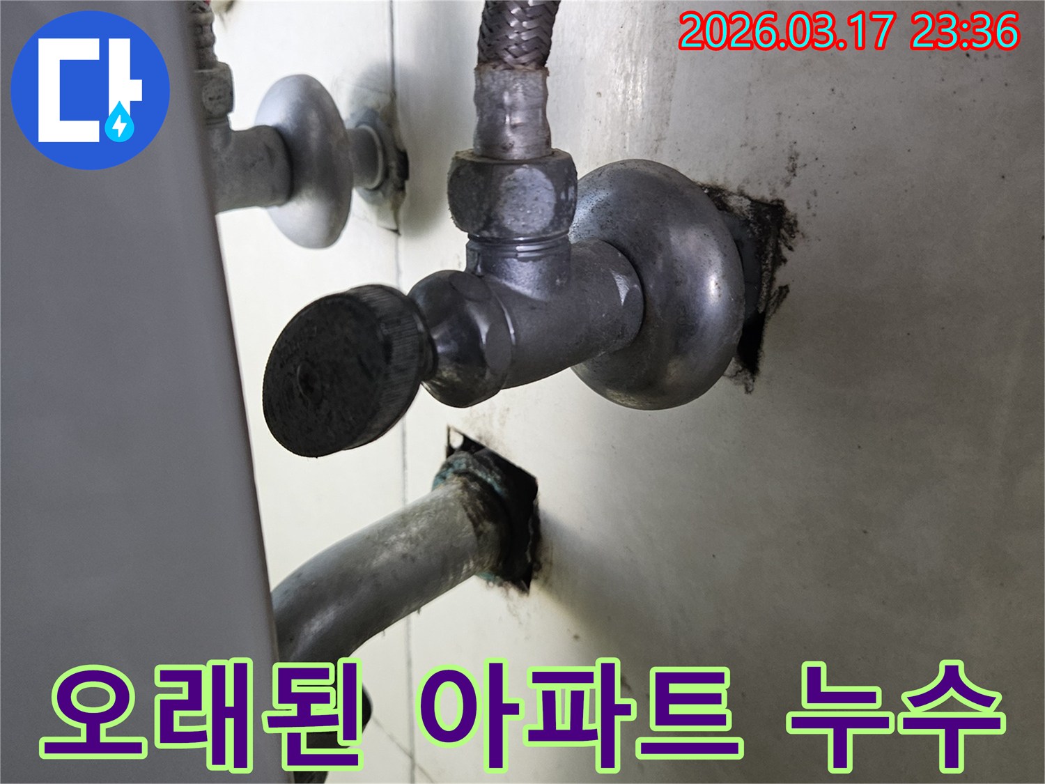 오래된 아파트의 싱크대 하부에서-발생한 배관 누수 현장을-촬영한 이미지입니다.