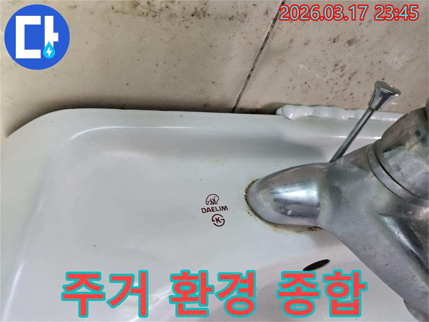 화성 병점동 아파트 욕실의 대림 세면대와-수도꼭지 주변에 발생한 곰팡이와 물샘 흔적이-세면대 누수와 주거 환경 개선을 위한 종합 솔루션이 필요한 현장을 보여주는 사진입니다.