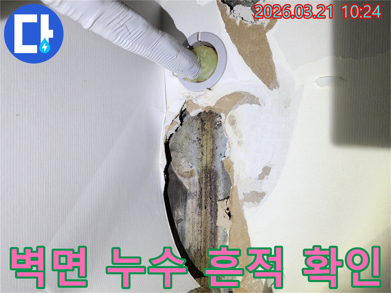 누수로-인해-벽지가-들뜨고-곰팡이가-생긴-벽면에-누수-탐지-장비가-삽입된-모습