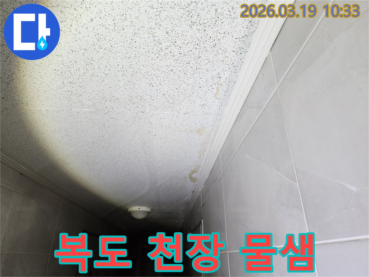 천장 마감재에-물에 젖어 생긴-누런 얼룩이-명확히 드러난-누수 현장 사진입니다