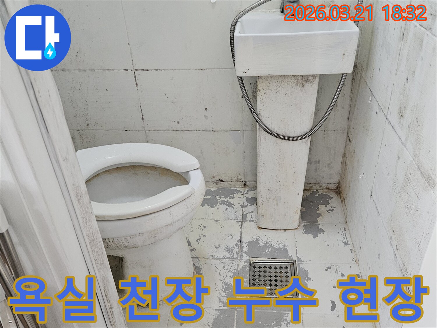 심각한 욕실 누수로-천장과 벽면 타일이 손상된-현장 사진입니다.