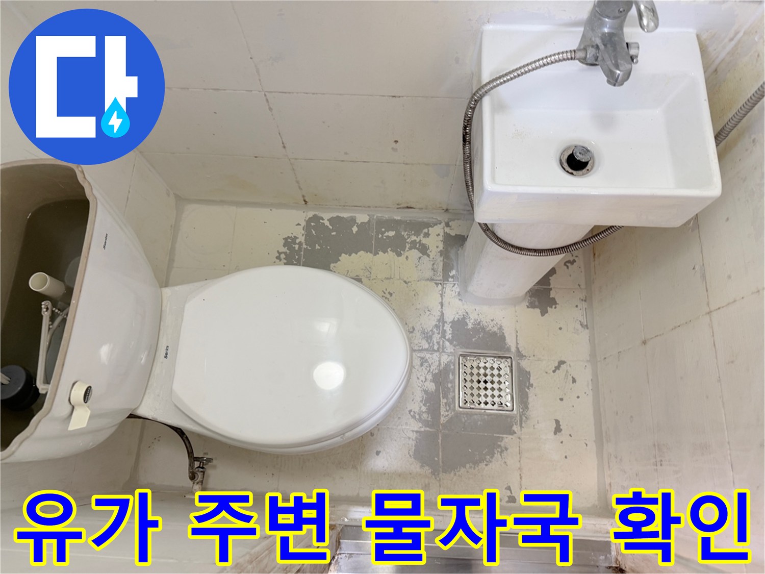 화장실 유가-배수구 근처의 젖은 타일과 오염된 부분