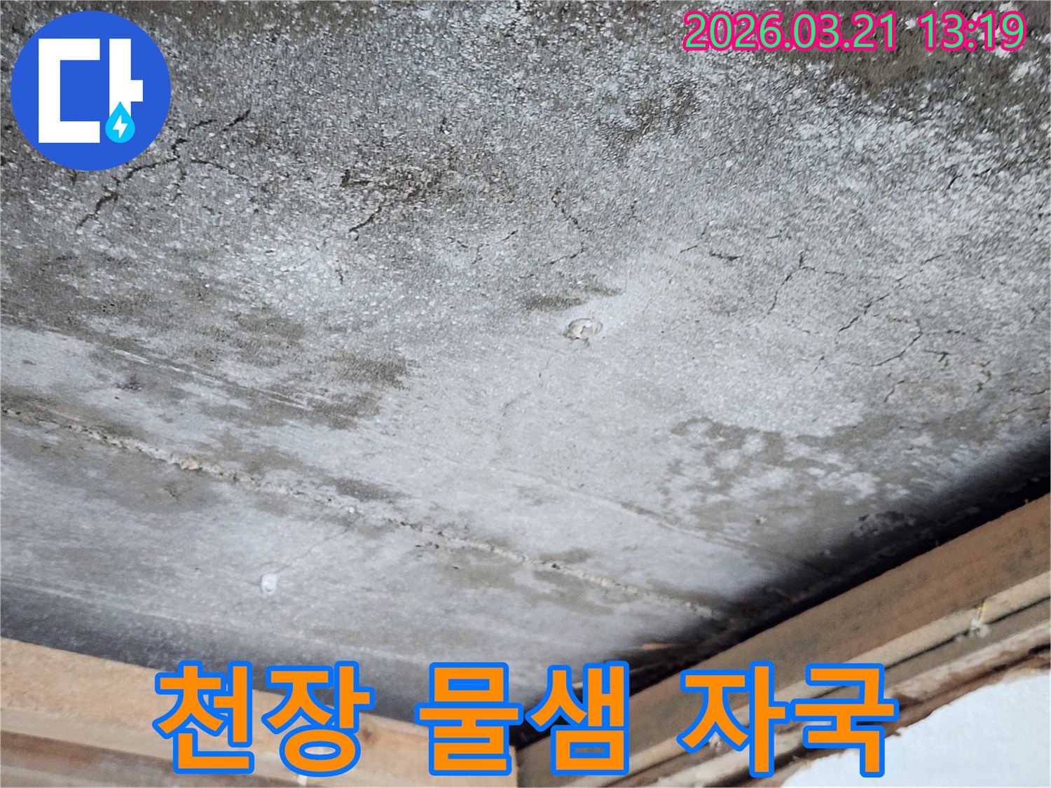 이 사진은 천장에 물이 새어 발생한 심각한 얼룩과-습기를-명확히 보여줍니다.