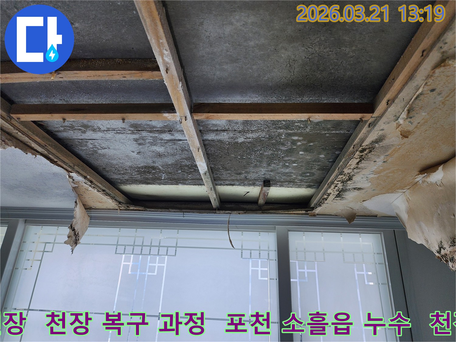 천장-마감재가-제거된-상태로-콘크리트-천장과-목재-프레임에-누수로-인한-검은-곰팡이-얼룩이-선명하게-보입니다.