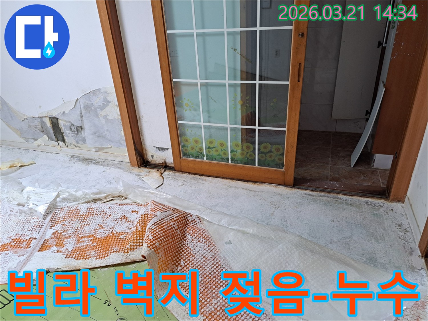 금천구 빌라에서 발생한 누수로-벽지가 젖고 손상된 벽면과-누수 보수 작업을 위한 준비가 진행 중인 바닥입니다.