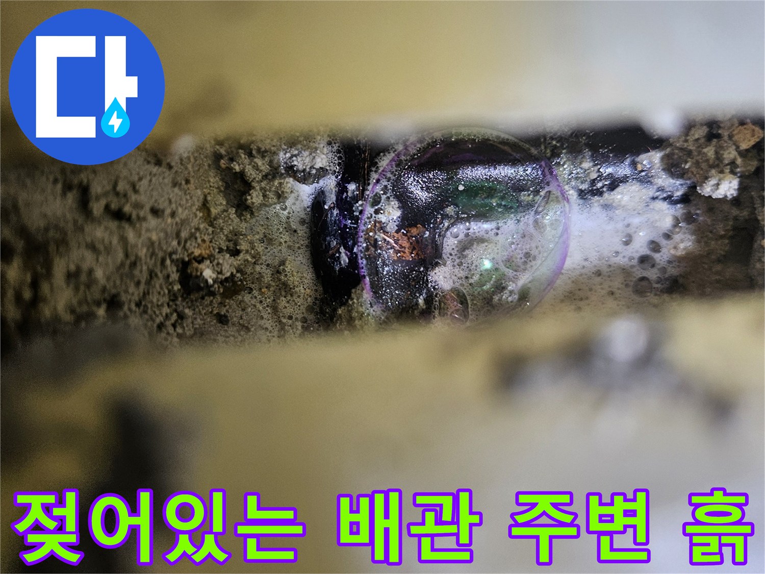 배관 주위의 물기 머금은 토양과 파손 부위 확인