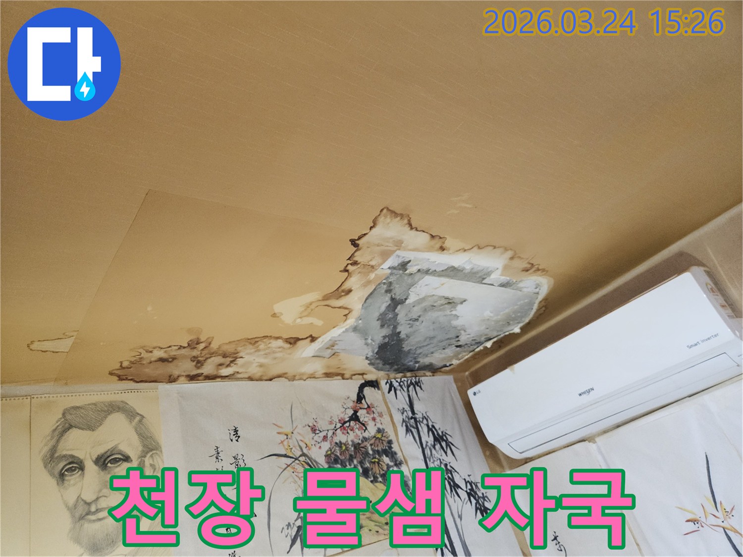 물에-젖어-곰팡이가-생기기-시작한-천장-벽지의-상태를-보여줍니다