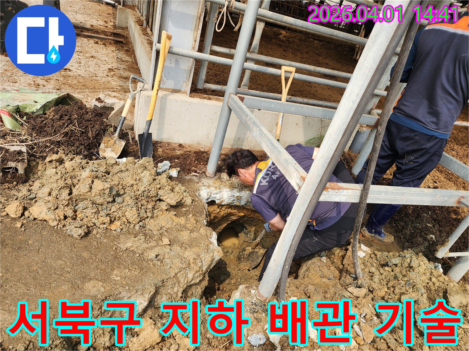 천안 서북구에서-지하 배관 누수가 발생하여-전문 엔지니어가 첨단 기술로-누수 지점을 탐지하고-해결하기 위해-땅을 파는 모습입니다.