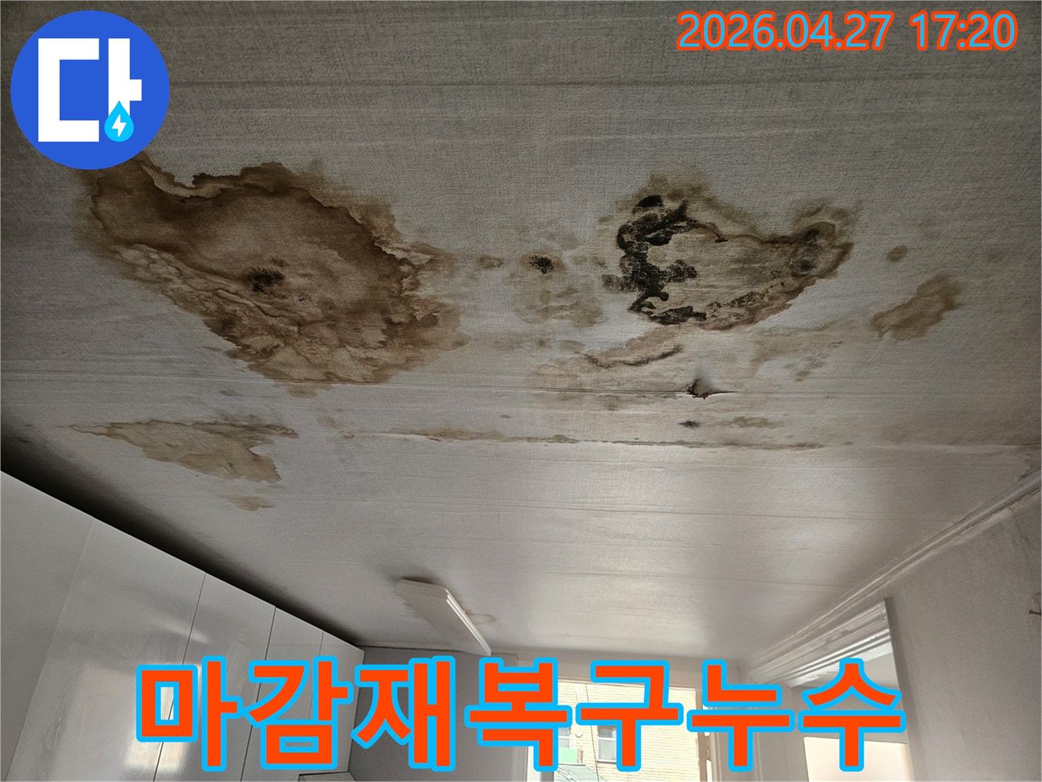 천장 표면에-누수 얼룩과 함께-손상된 마감재-누수 탐지 후-마감재 복구가 필요한 현장