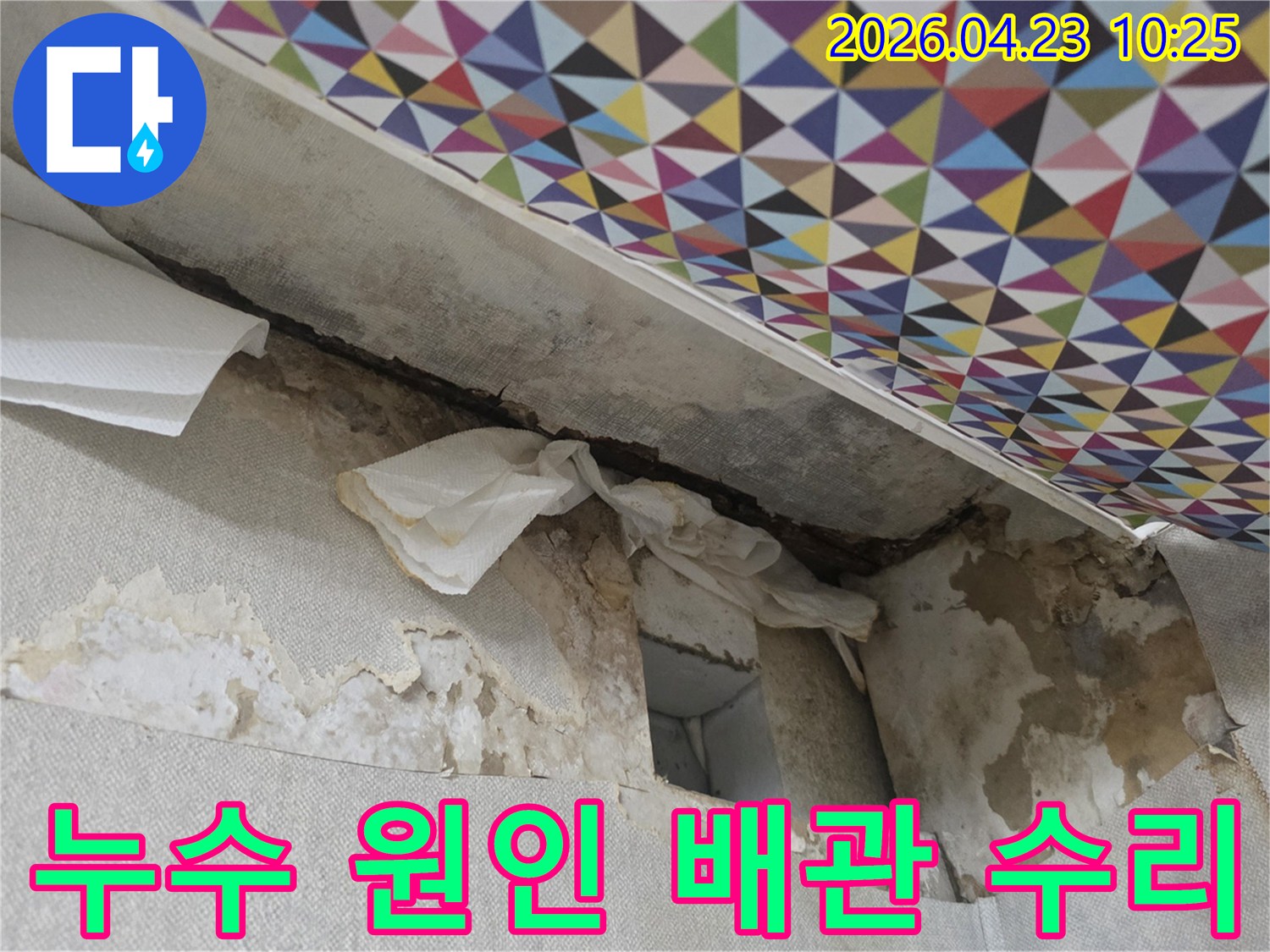 벽지-손상과-곰팡이가-발생한-누수-현장에서-배관-문제를-탐지하고-수리하는-모습입니다.