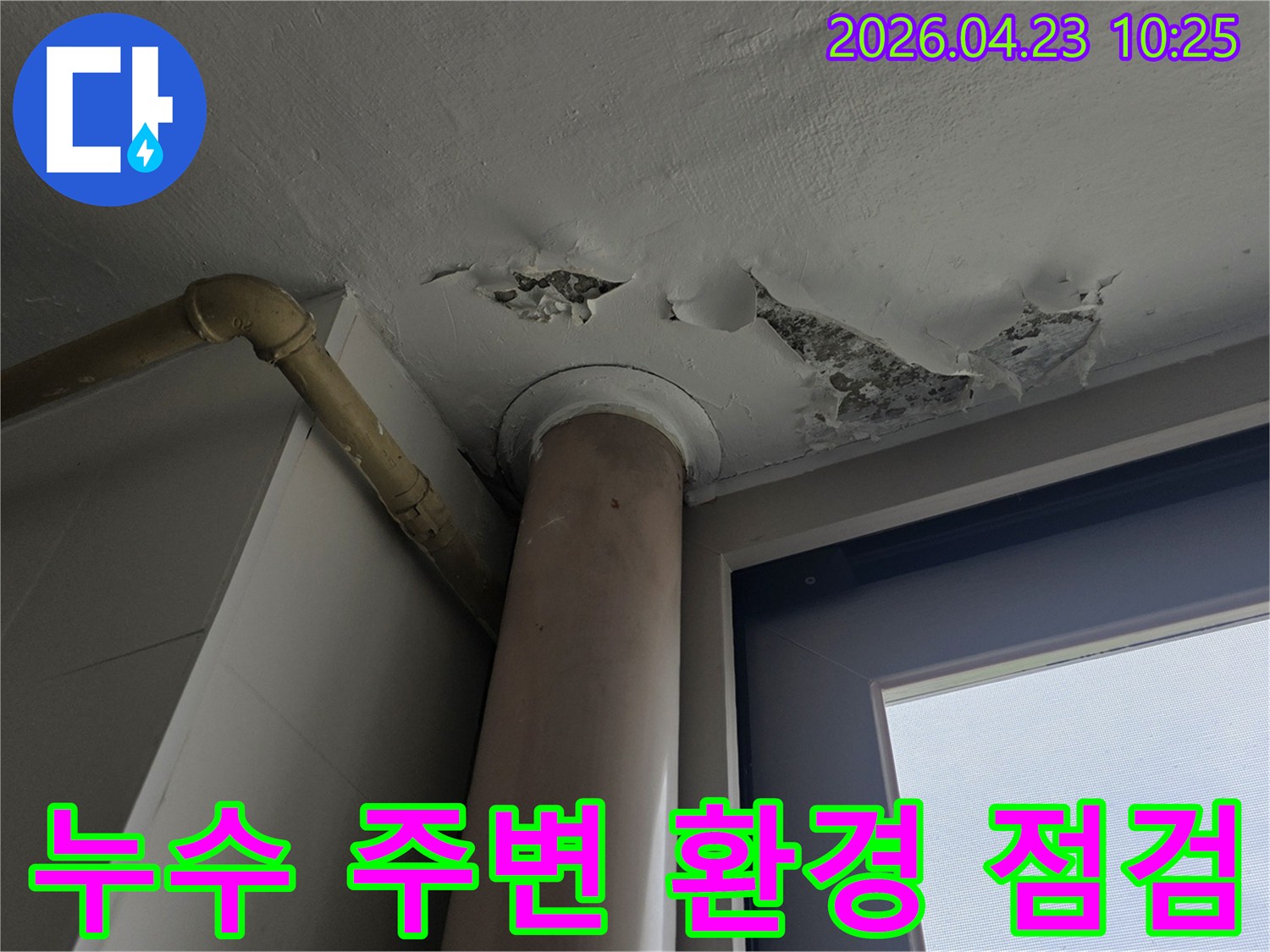 천장 누수 현장에서-페인트가 벗겨진 부분을 중심으로-주변 환경까지 꼼꼼하게-점검하는 이미지입니다.