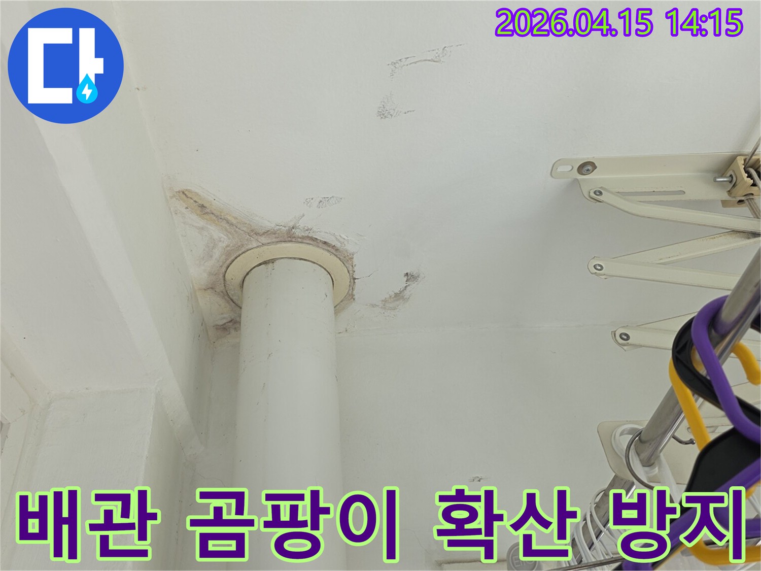 아파트 천장의 배관 주변에-광범위하게 퍼진 곰팡이와-물 얼룩을 보여주며-누수 문제의 심각성을 나타내는 사진