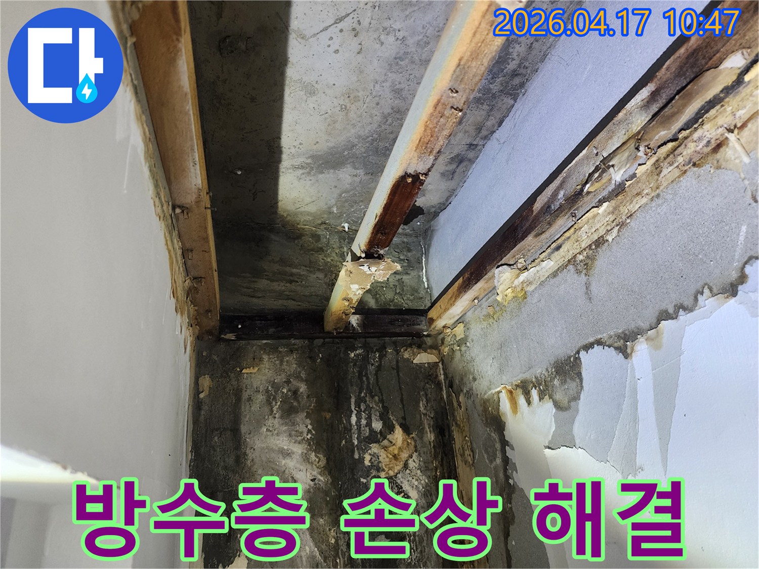 이 사진은-서울 서초구 잠원동에서 발생한-방수층 손상으로 인한-천장 누수와-심각한 벽면 손상 현장을 보여줍니다