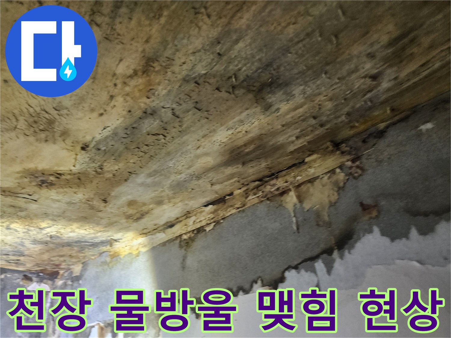 천장에서-물방울이-맺히고-떨어지는-누수-현상으로-인해-마감재가-손상된-모습