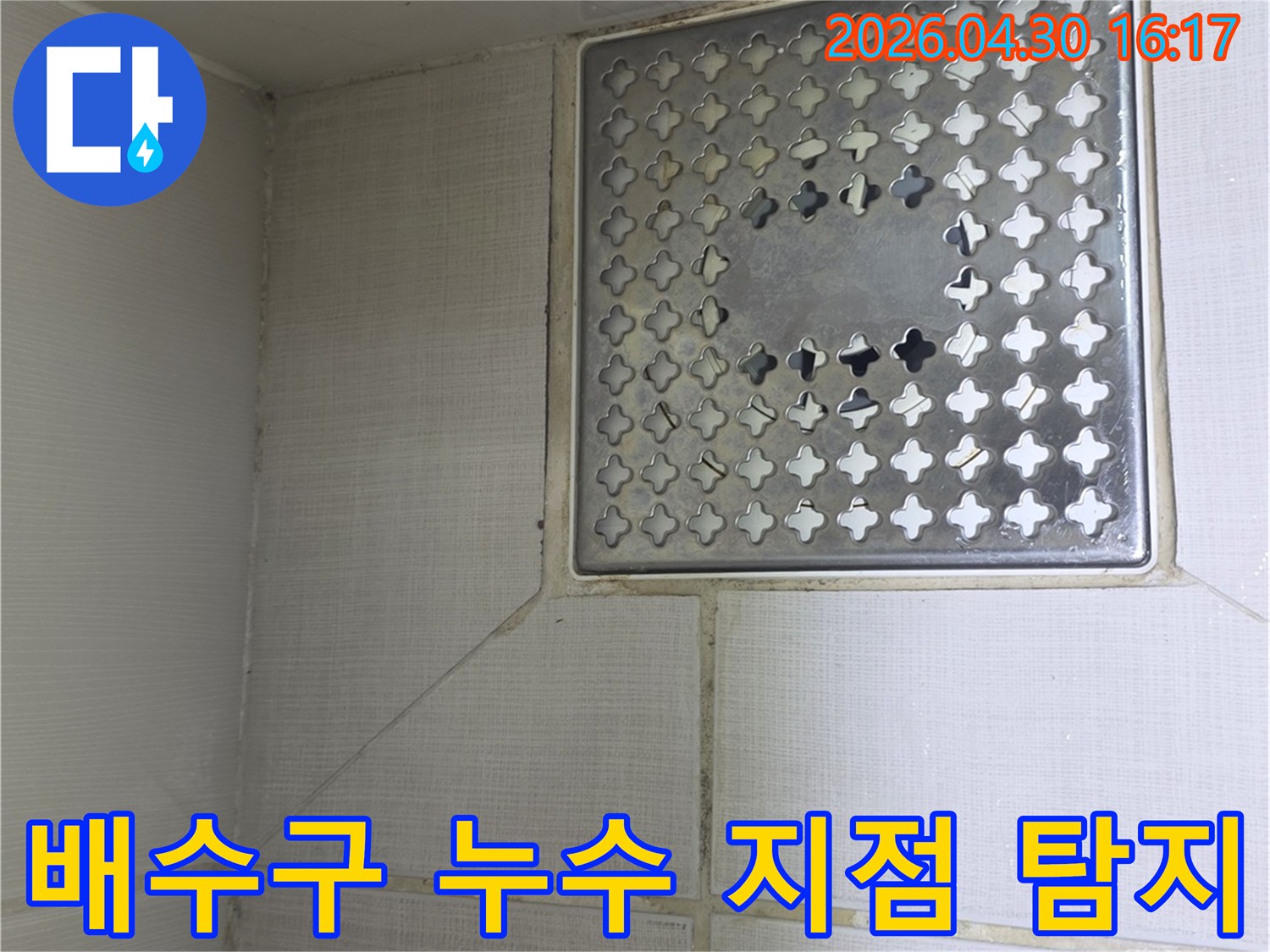 성동구 금호로 아파트-화장실 배수구 주변에서-발생한 누수의-정확한 지점을 탐지하기 위해-현장을 면밀히-점검하는 전문가의 모습