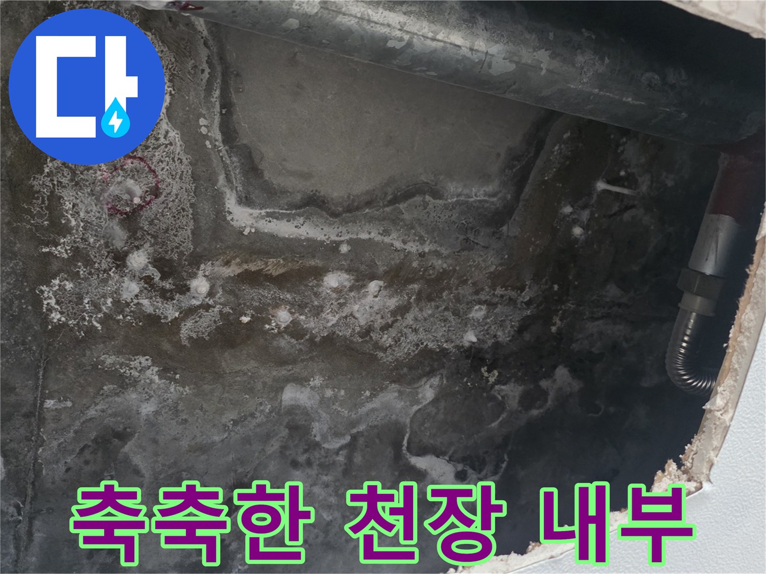물기가 배어 나온 천장 콘크리트 구조물 사진