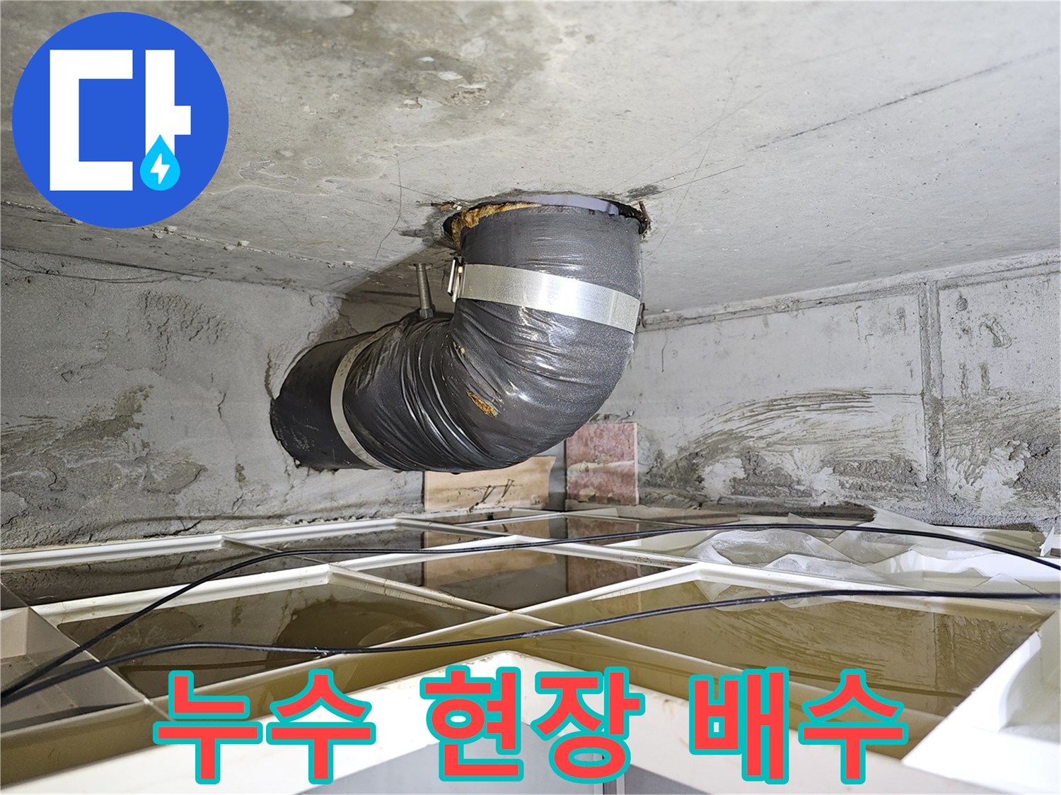 상가 천장 누수 현장에서-물을 효율적으로 배수하기 위해-설치된 임시 배관의 모습입니다.