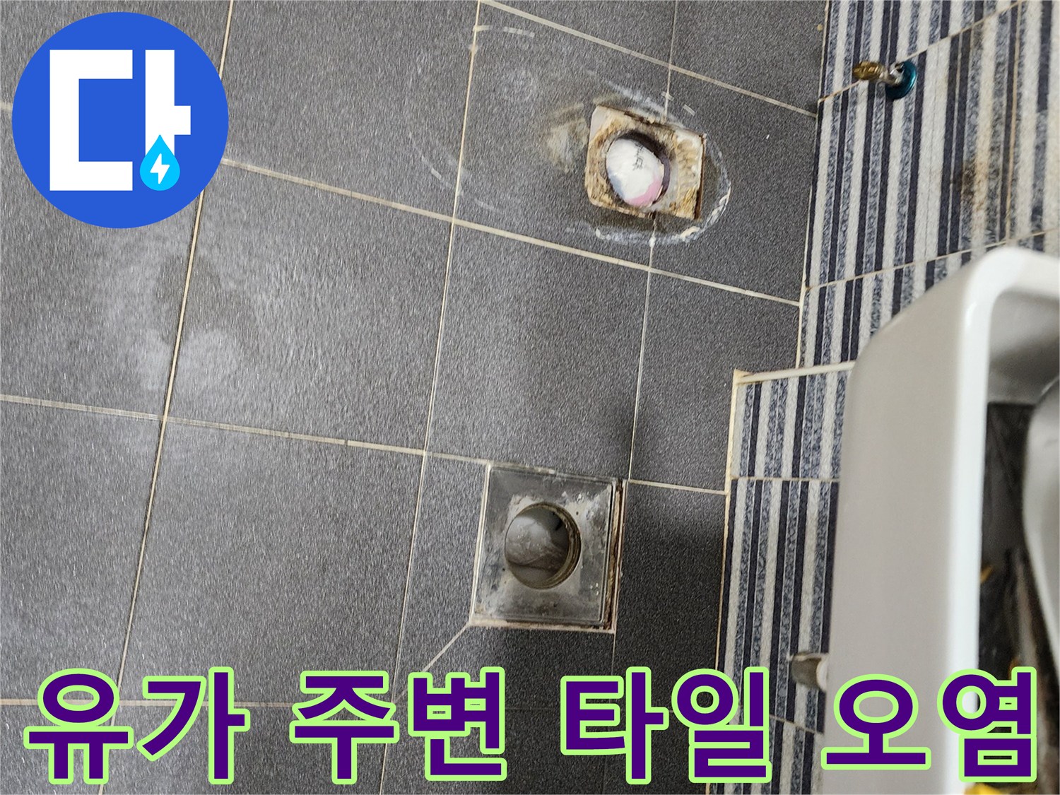 배수관 유가 주변의 타일 오염과 틈새를 근접 촬영한 이미지입니다.