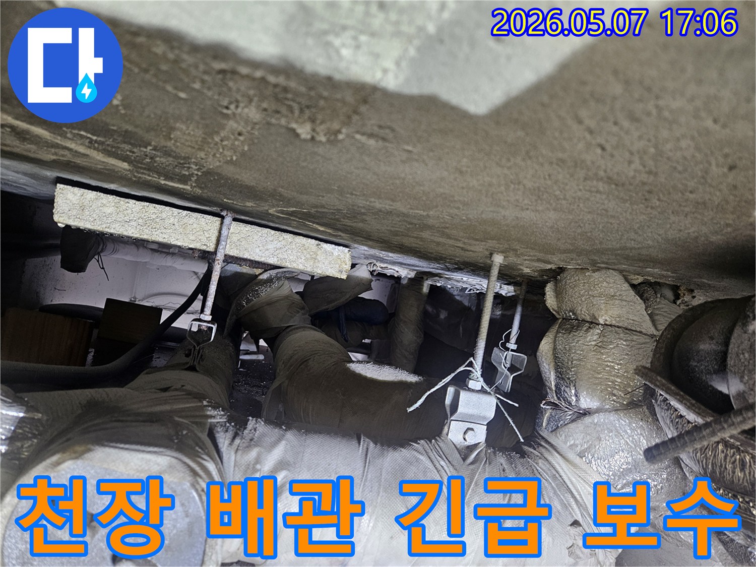 천장 아래 복잡한 배관에서 발생한 누수 지점을 신속하게 찾아내어 긴급 보수 작업을 준비하는 모습