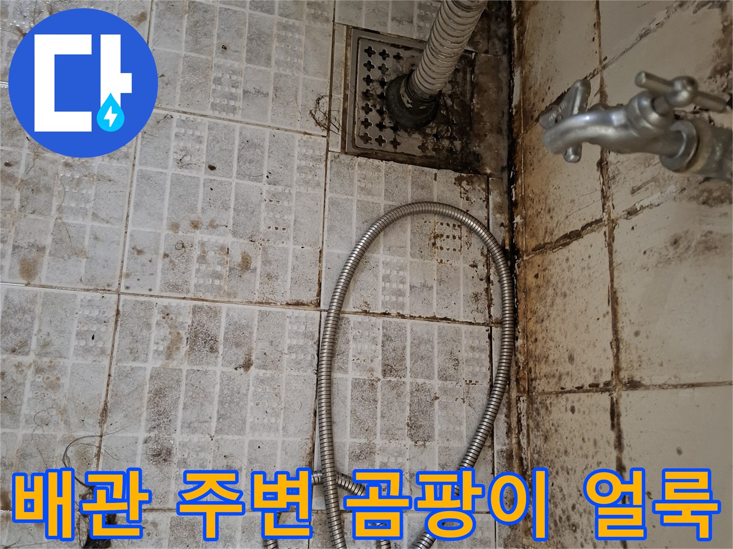 수도 배관과 샤워 호스 연결 부위 근처의 타일 오염 현황