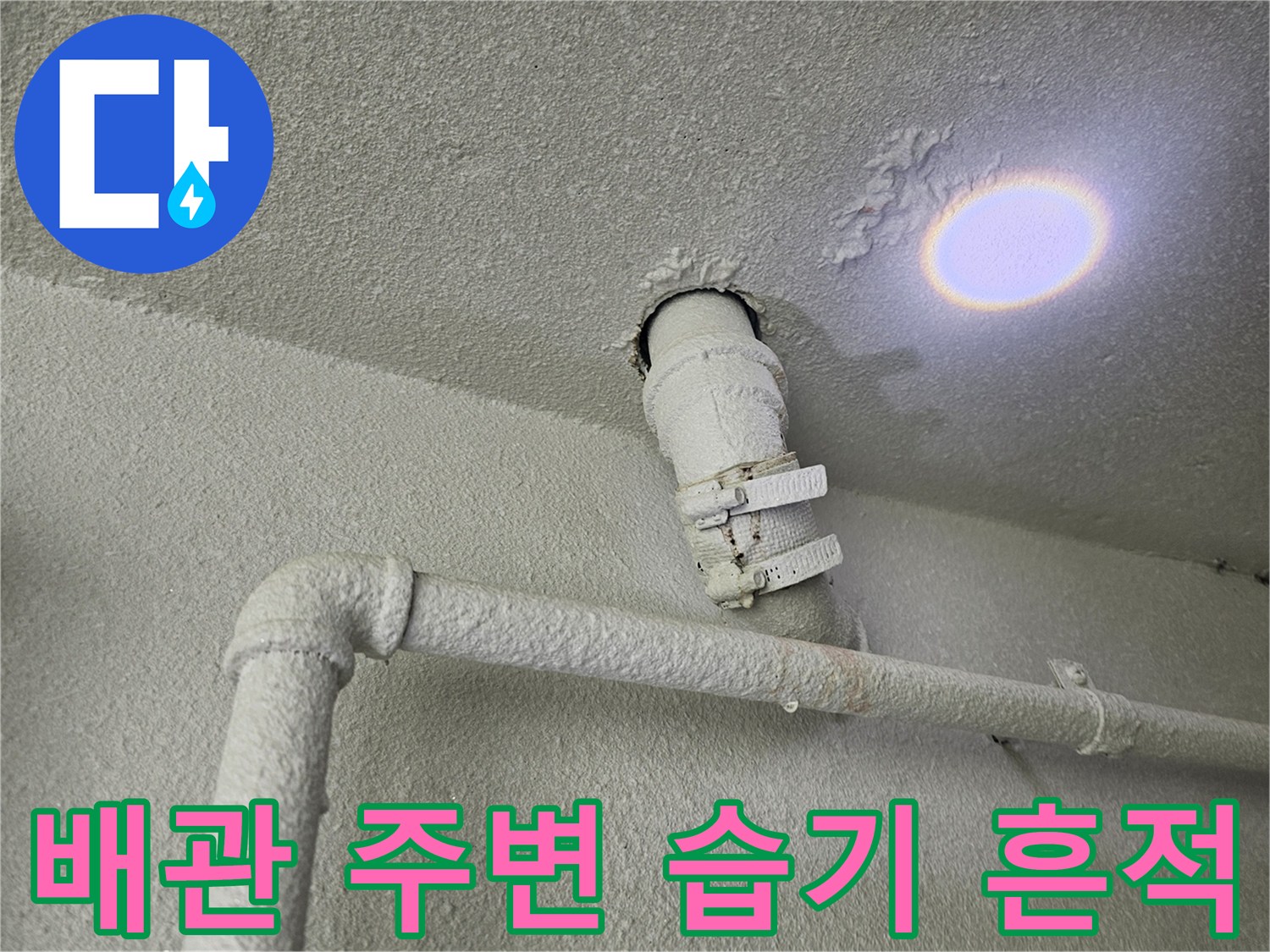 천장 배관 연결 부위의 젖은 얼룩과 습기 상태
