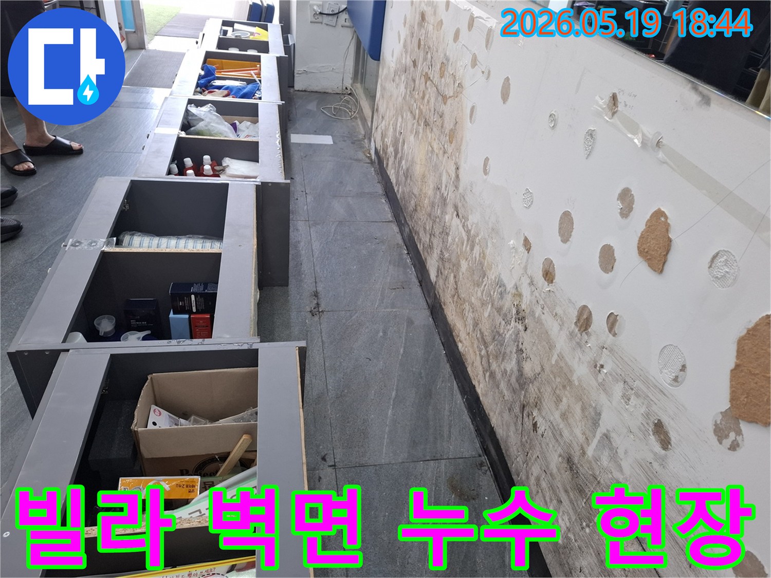 빌라 벽면에 발생한 누수로 인해-벽지가 젖고 곰팡이가 심하게 번식한 현장 모습