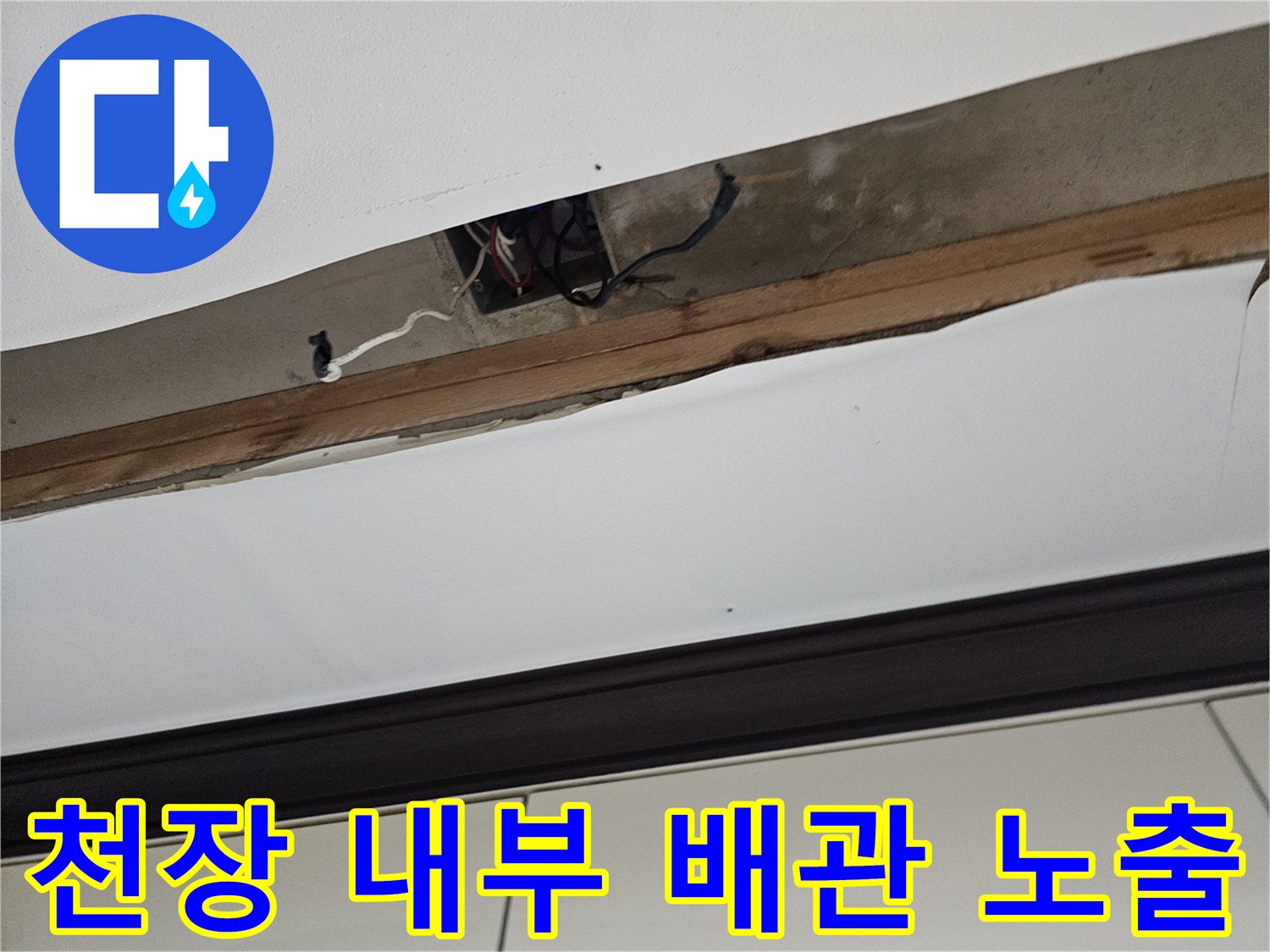 천장재 틈 사이로-드러난 배수 배관과 연결 부위