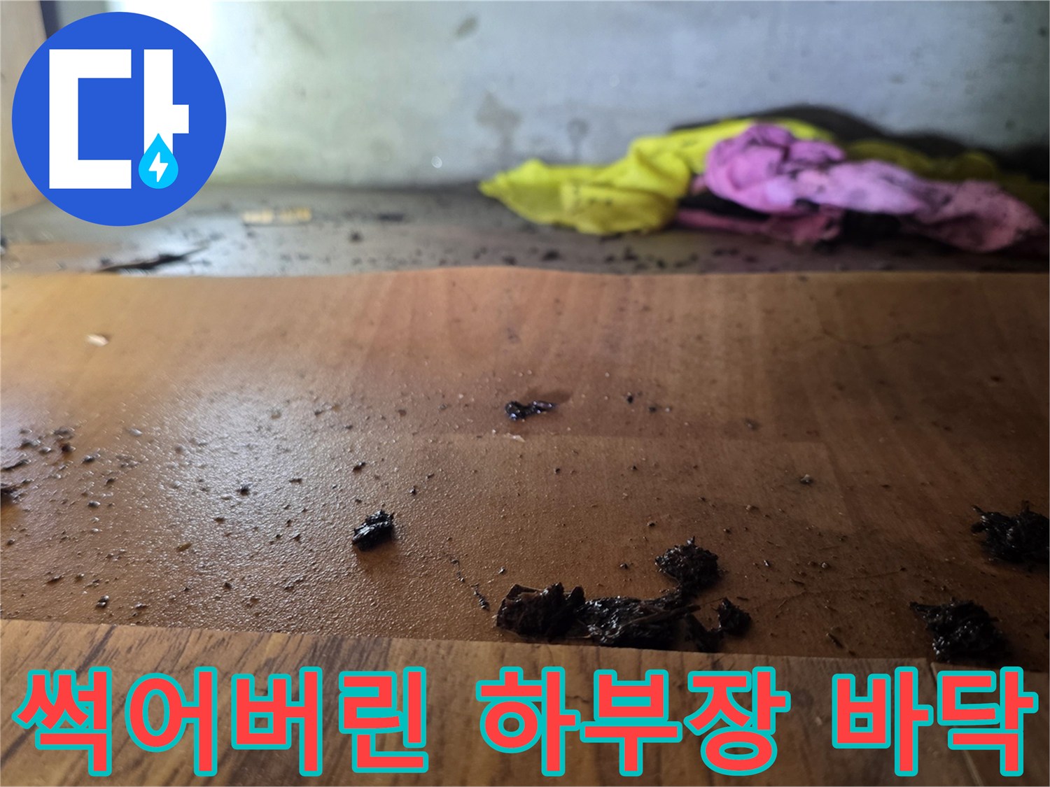 습기로-부풀어오르고-검게-변색된-싱크대-바닥-나무재질