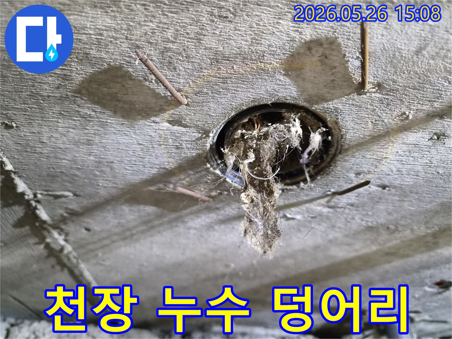천장 구멍에서-오염된 물과-함께-떨어지는-섬유질-이물질을-확대하여-보여주는-누수-현장-사진