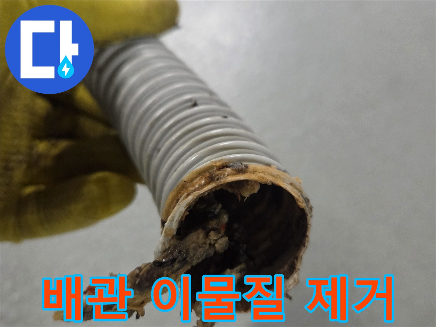 노란 장갑을 낀 손이-배관 내부에서 제거된-심각한 이물질을 보여주고 있습니다.