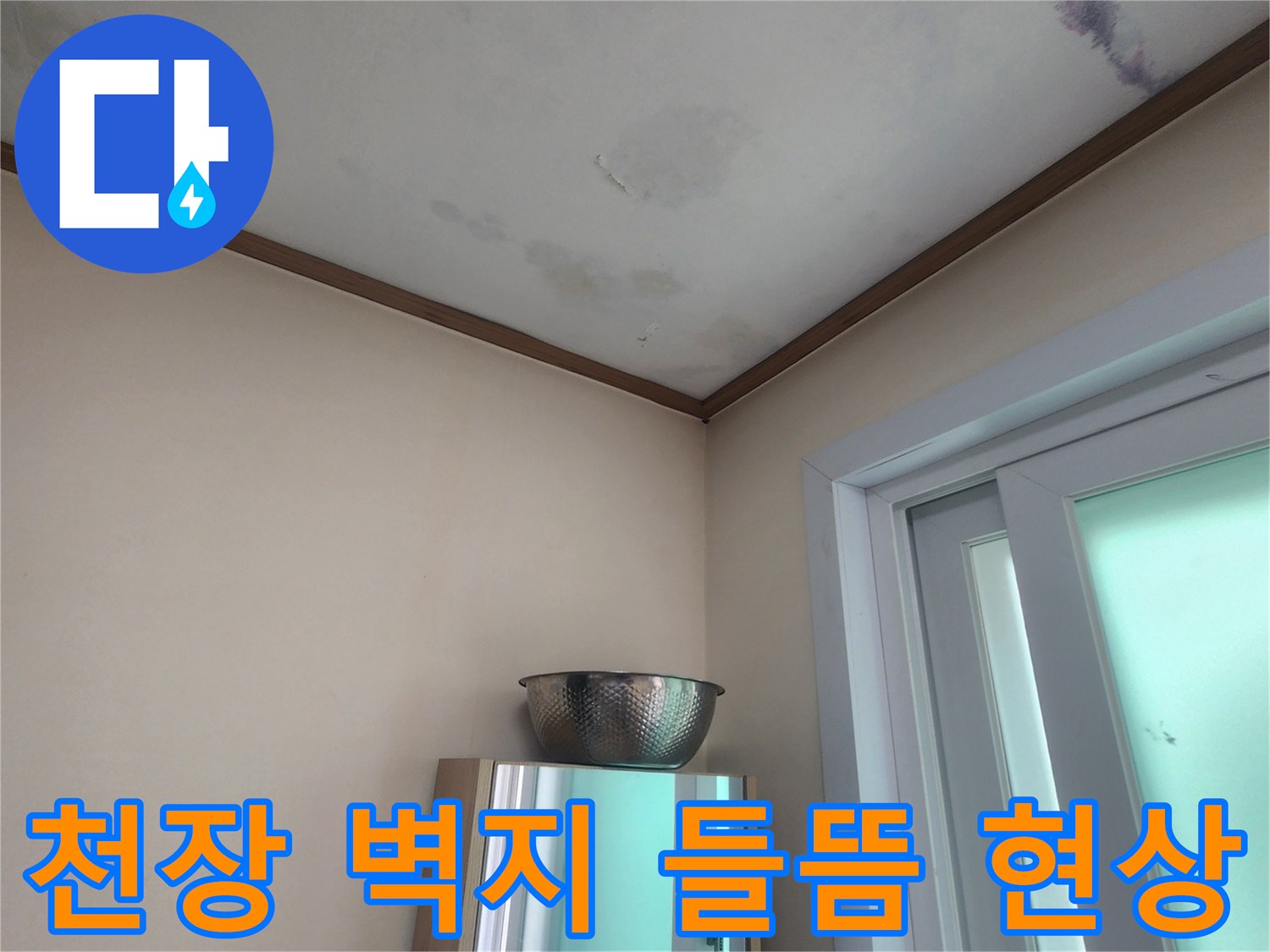 창문 근처에서 발생한 누수로-벽지가 젖고-곰팡이가 피기 시작한 현장