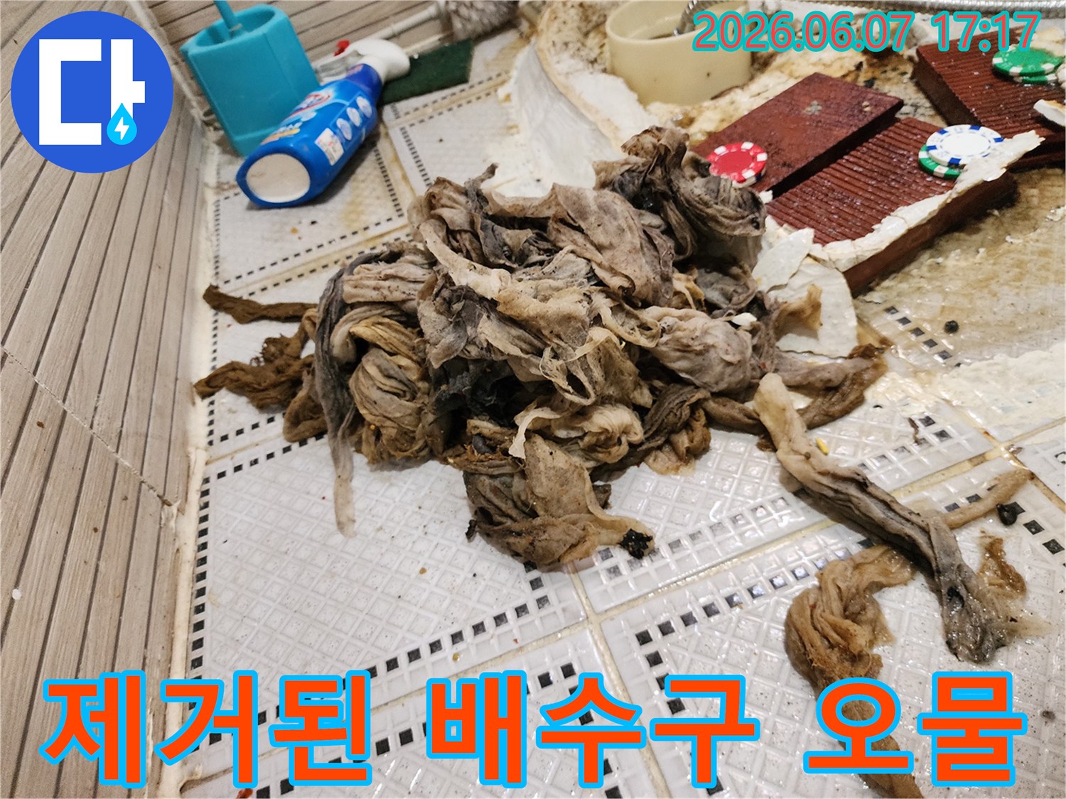 상계동 현장 배수구에서 수거한 물티슈와 섬유질 찌꺼기 더미