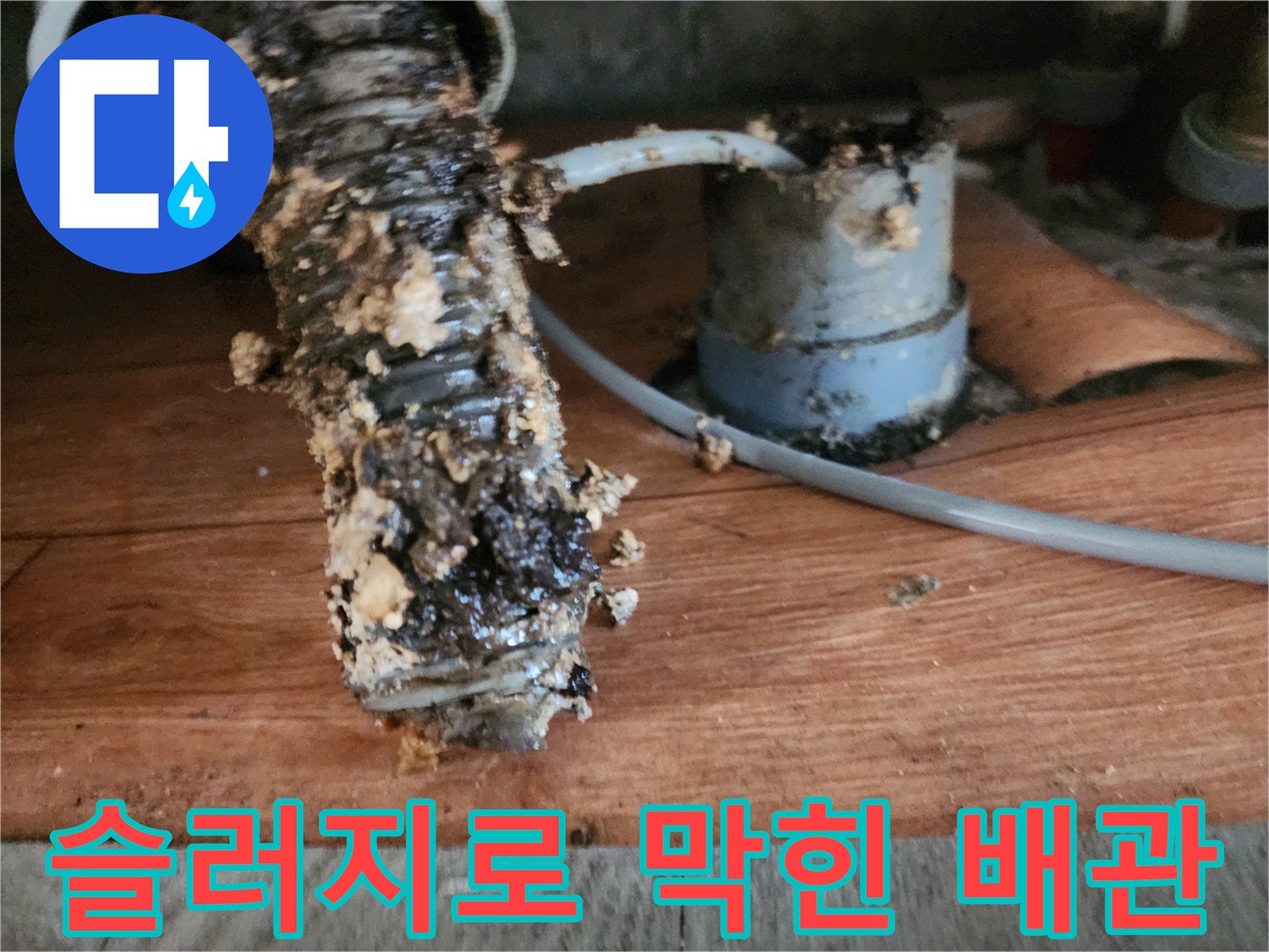 기름 슬러지가 꽉 찬 싱크대 주름관 연결부