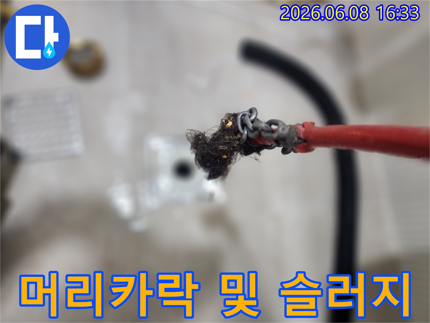 배관 스케일링 후-추출된 머리카락 뭉치