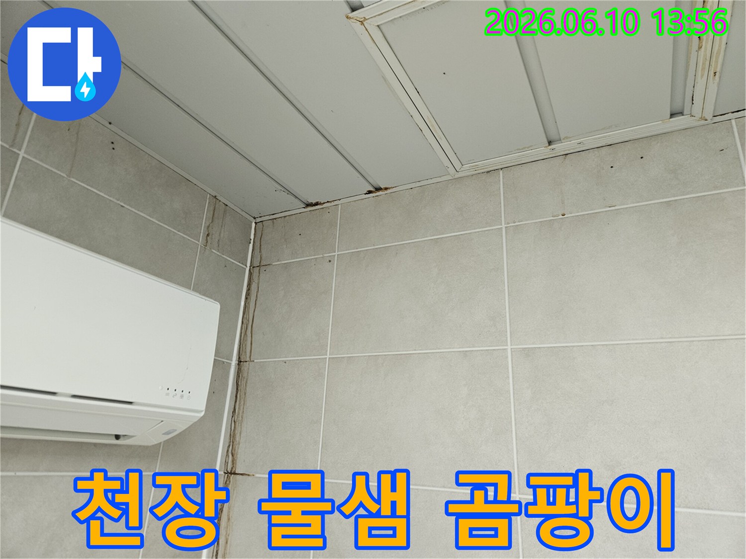 천장 모서리에서 벽면으로 흘러내린 물자국과 곰팡이-누수로 인한 심각한 오염 현장