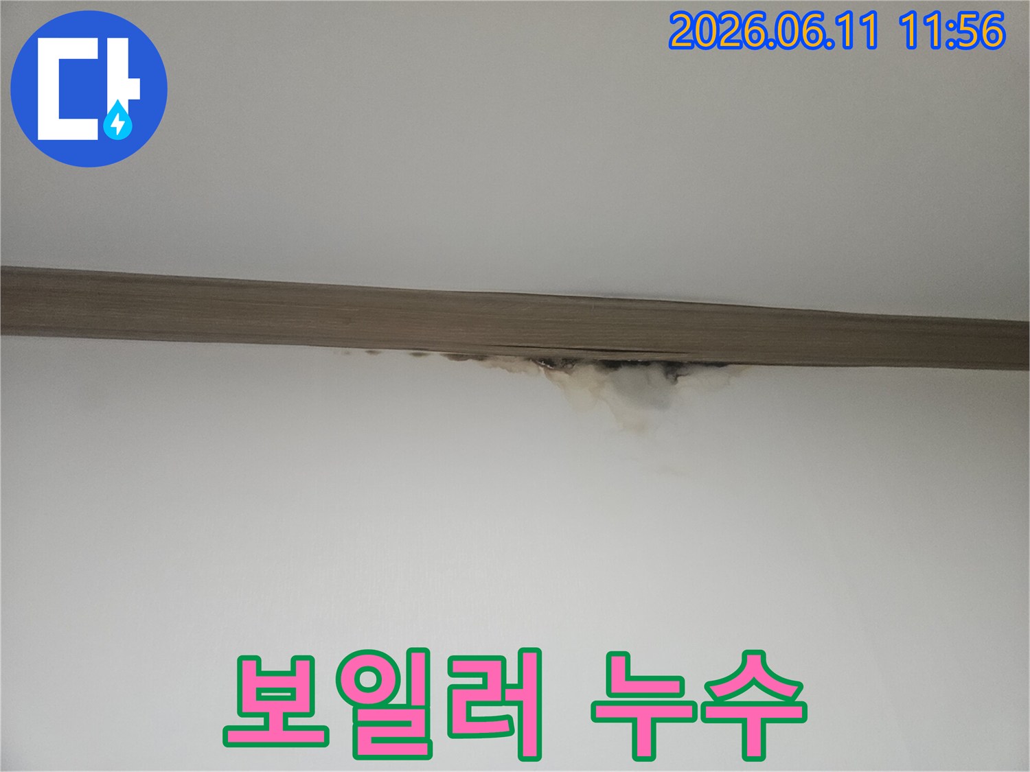 천장과 벽의 경계에-누수로 인한 물자국과-곰팡이가 발생하여-보일러 누수가 의심되는 현장