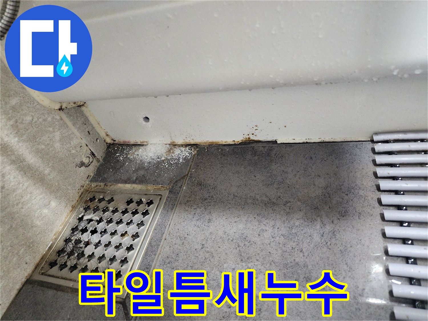 타일-틈새로-물이-새어-나와-벽면에-손상을-준-누수-현장을-촬영한-사진입니다.