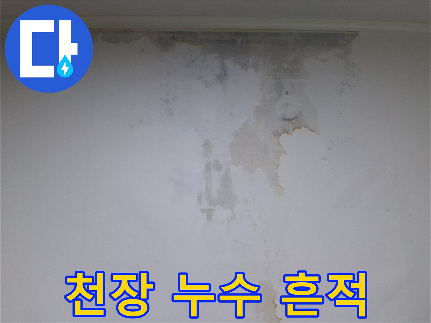 벽지 상단에 넓게 퍼진 물샘 자국과 오염된 상태